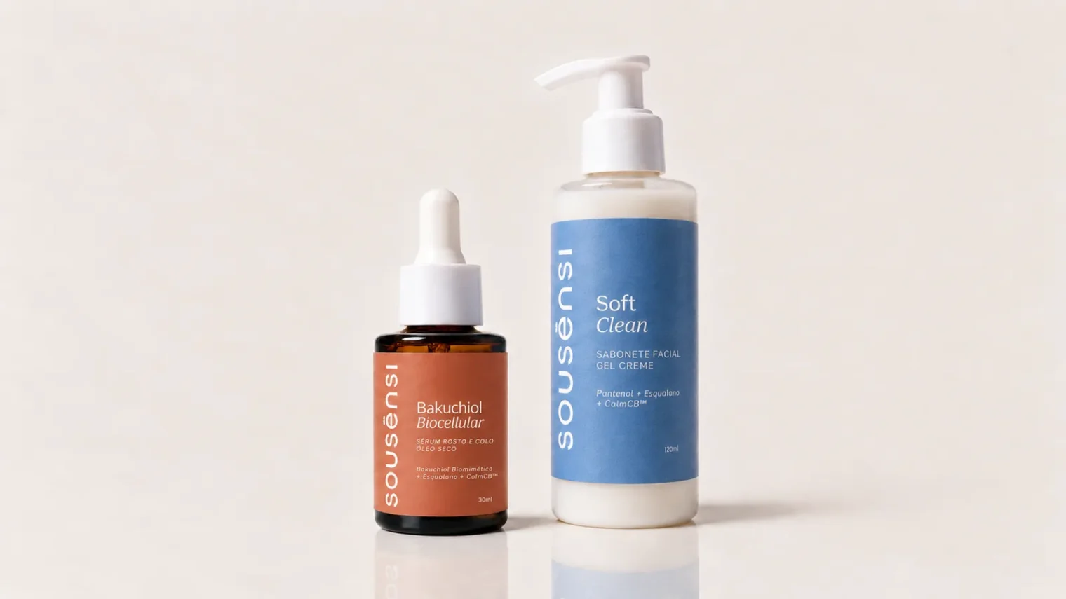 Kit Pele Bonita Sem Medo Sousènsi: sérum de bakuchiol e sabonete facial Soft Clean